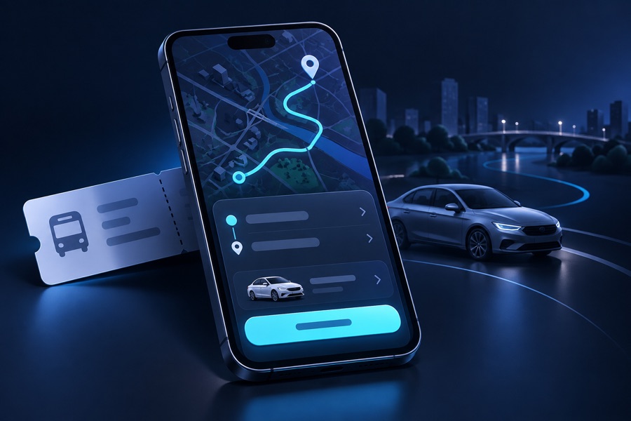 Illustrative passenger booking app concept, not an actual MyanSan screenshot